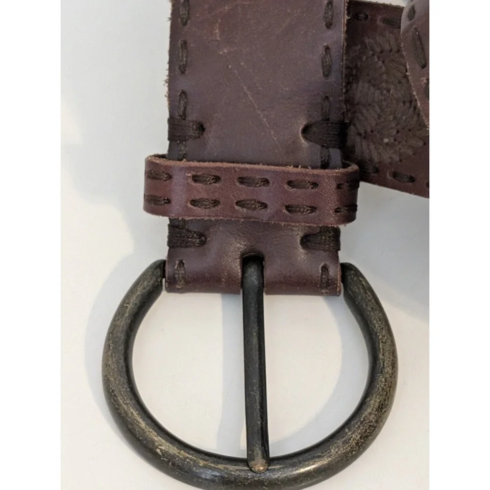 Linea Pella Brown‎ Leather Embroidered Belt With Brass Buckle Women's 37